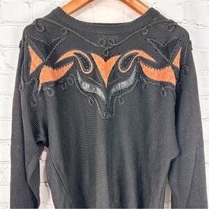 Vintage western 80’s sweater crewneck shoulder pads size L large black suede